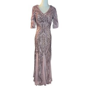 Night Way Collections Women's Size 8 Mauve Sequin Long Gown Flutter Sleeves